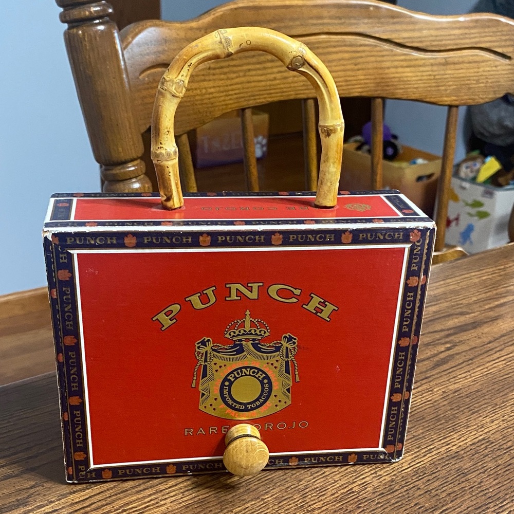 Punch cigar box purse with wooden handle and knob